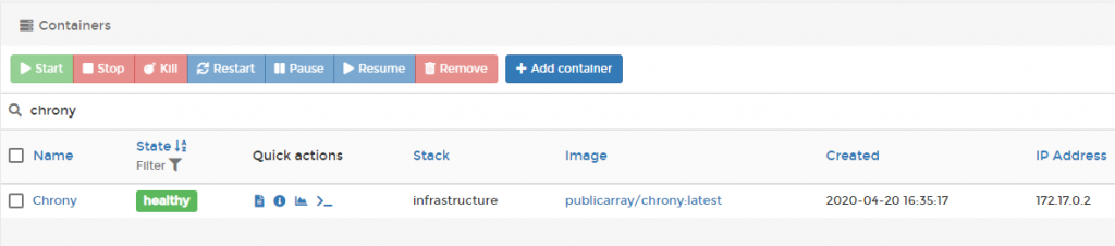 chrony - container in portainer view - dockeril.net
