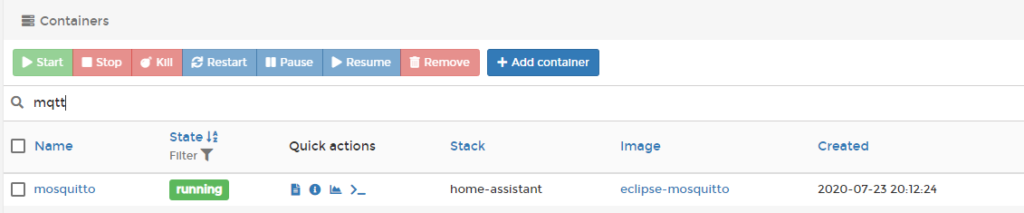 Mosquitto Container - Portainer View - dockeril.net